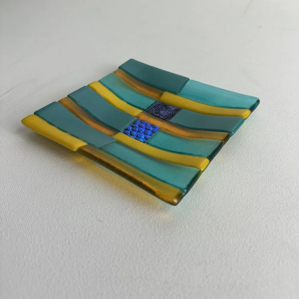 Colorful abstract Pattern Fused Art Glass Trinket Dish Tray 6” square